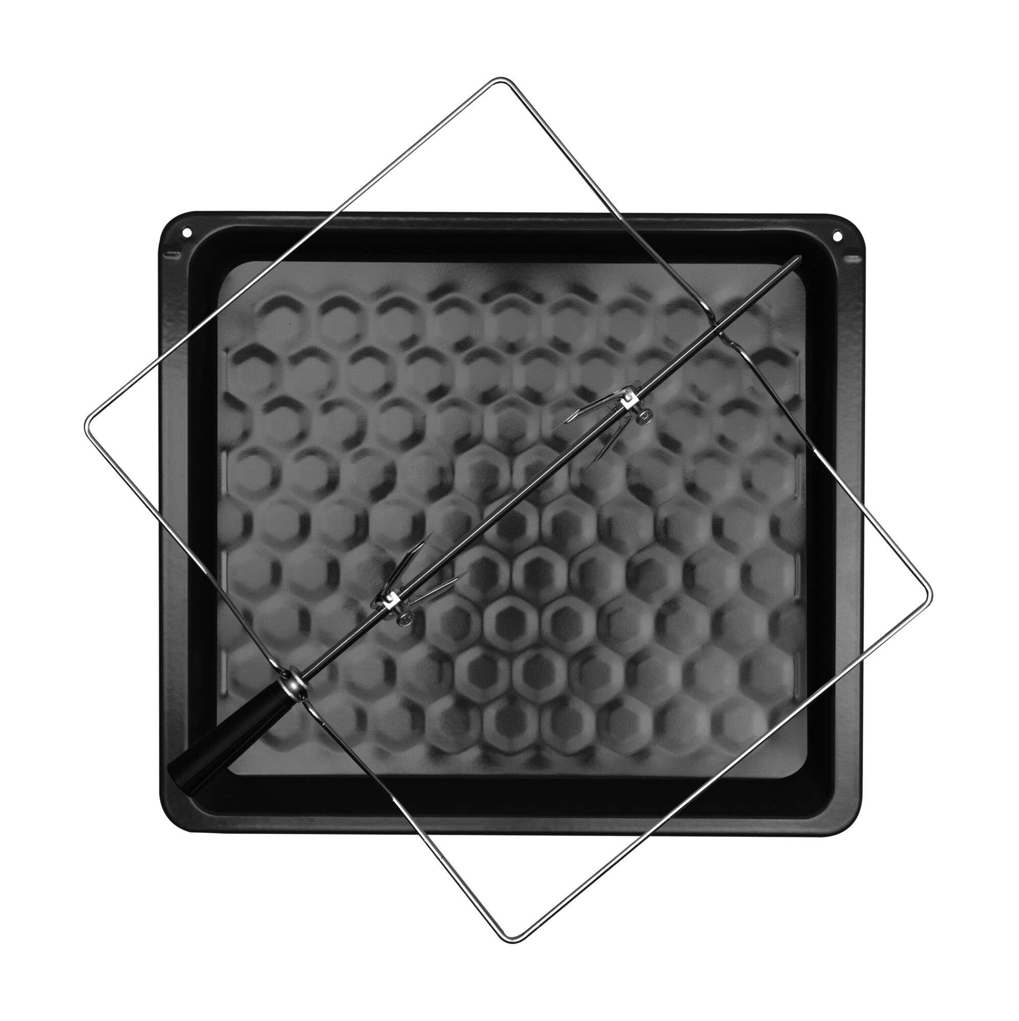 Taca do pieczenia z rusztem w środku. Taca jest czarna. Ruszt jest srebrny i ma mocowanie do rożna.