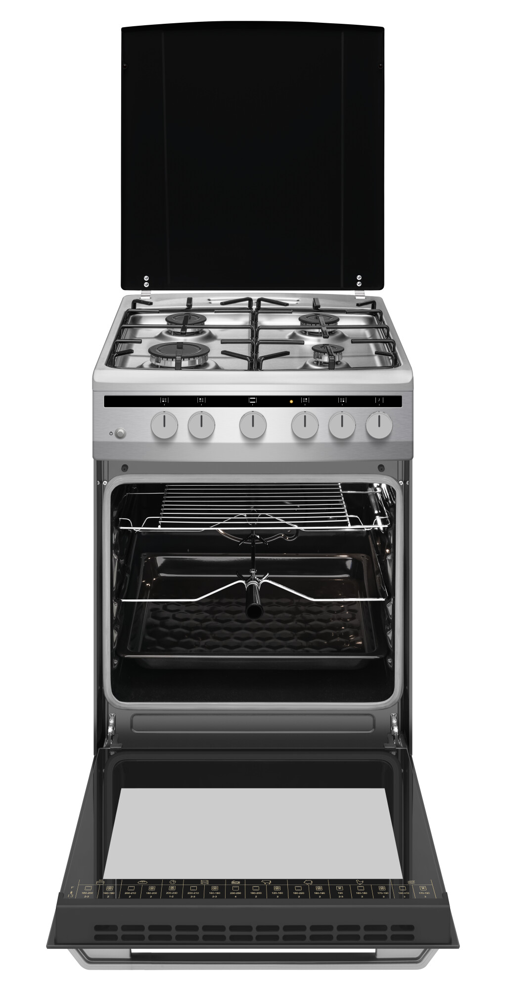 Piekarnik ze stali nierdzewnej z otwartymi drzwiami. Kuchenka gazowa z czterema palnikami.