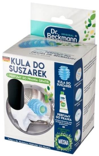 Pudełko na kulki do suszarki z tekstem i kulką.