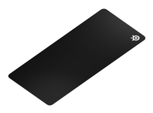 Czarna prostokątna podkładka pod mysz z białym logo w prawym górnym rogu.
