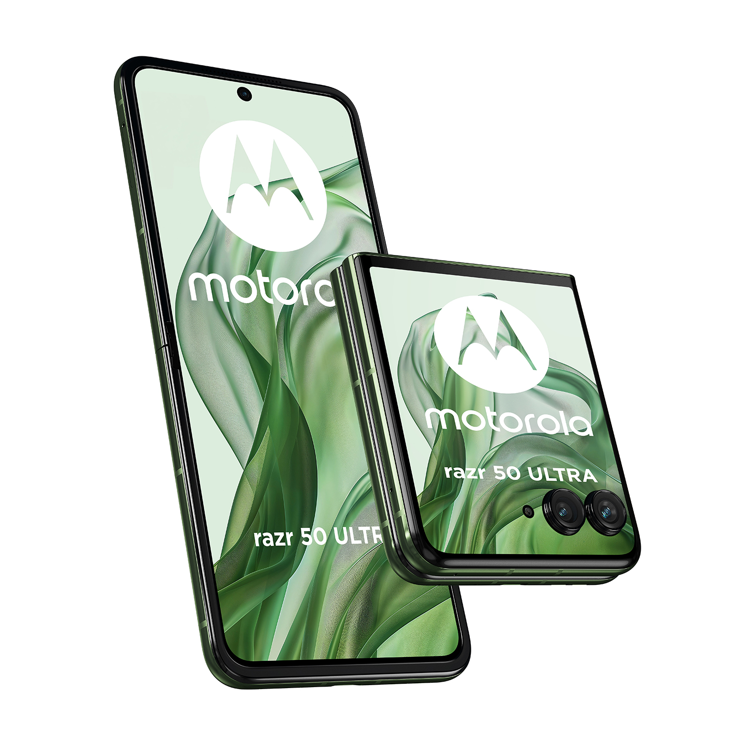 Due telefoni Motorola Razr Ultra. Uno aperto, con display verde e bianco, e uno piegato.