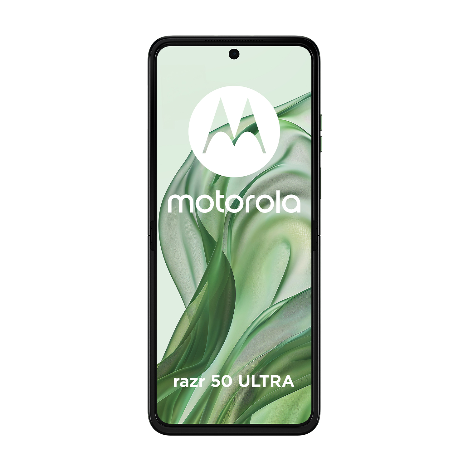 Un telefono Motorola nero mostra un logo e un design astratto verde sullo schermo.