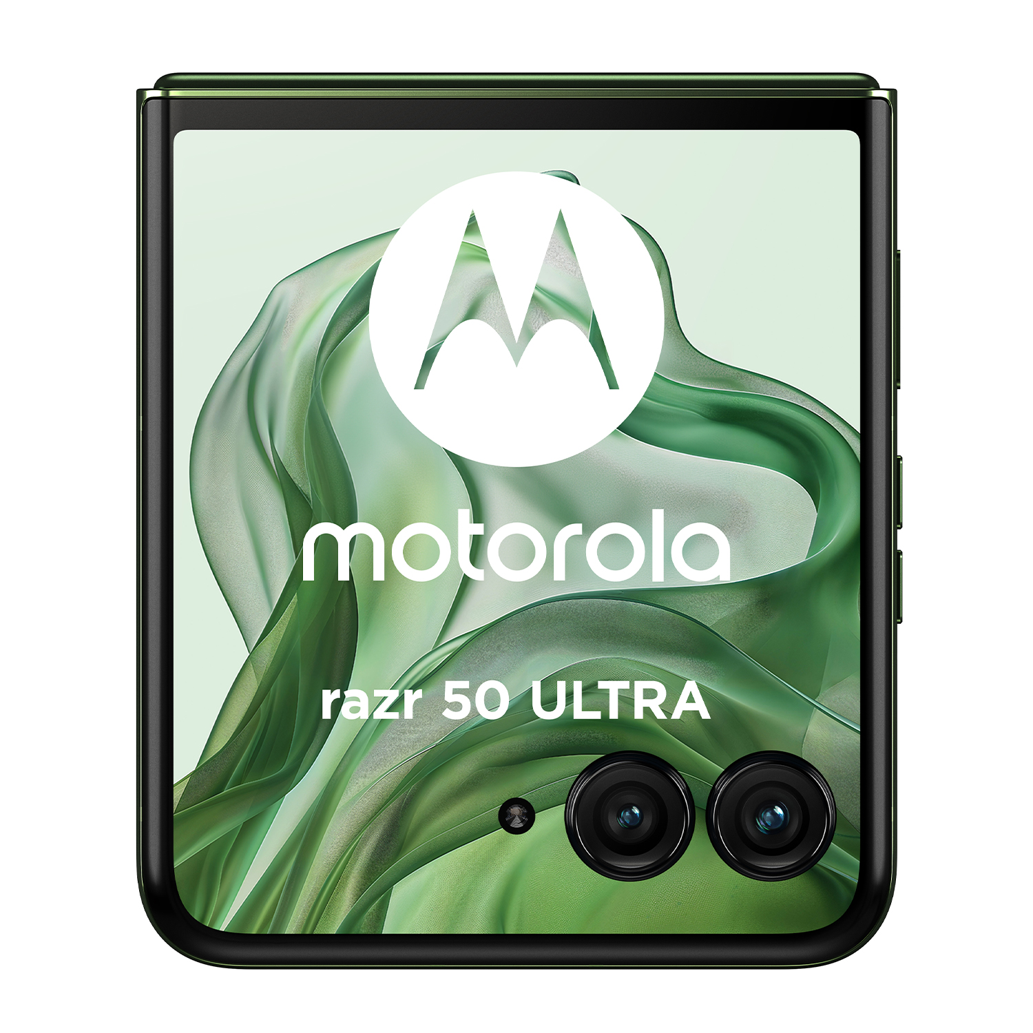 Un telefono Motorola Razr 50 Ultra verde, piegato. Presenta doppie fotocamere e il logo Motorola.