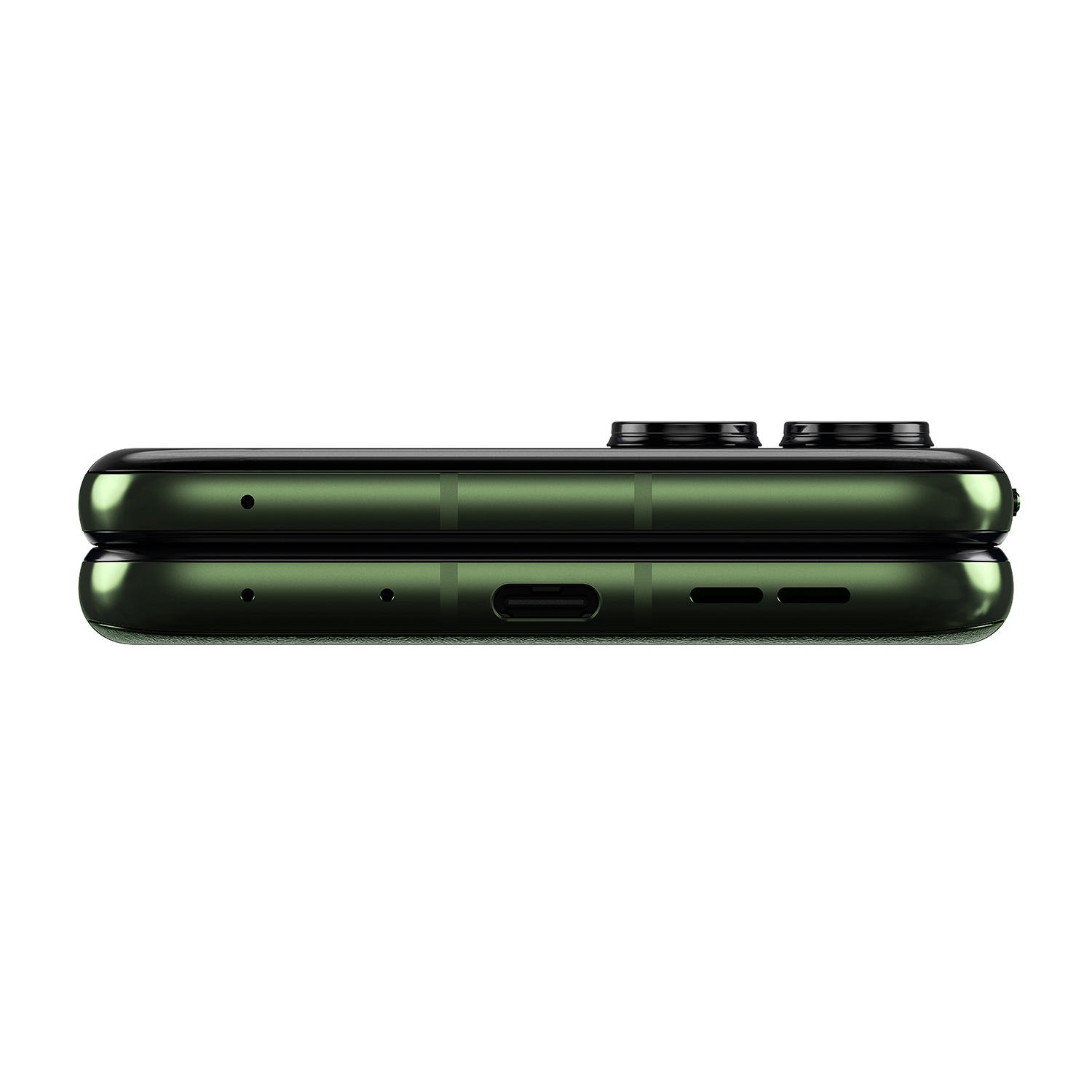 Un telefono verde piegato visto lateralmente. Una porta USB-C e altre porte sono visibili in basso.