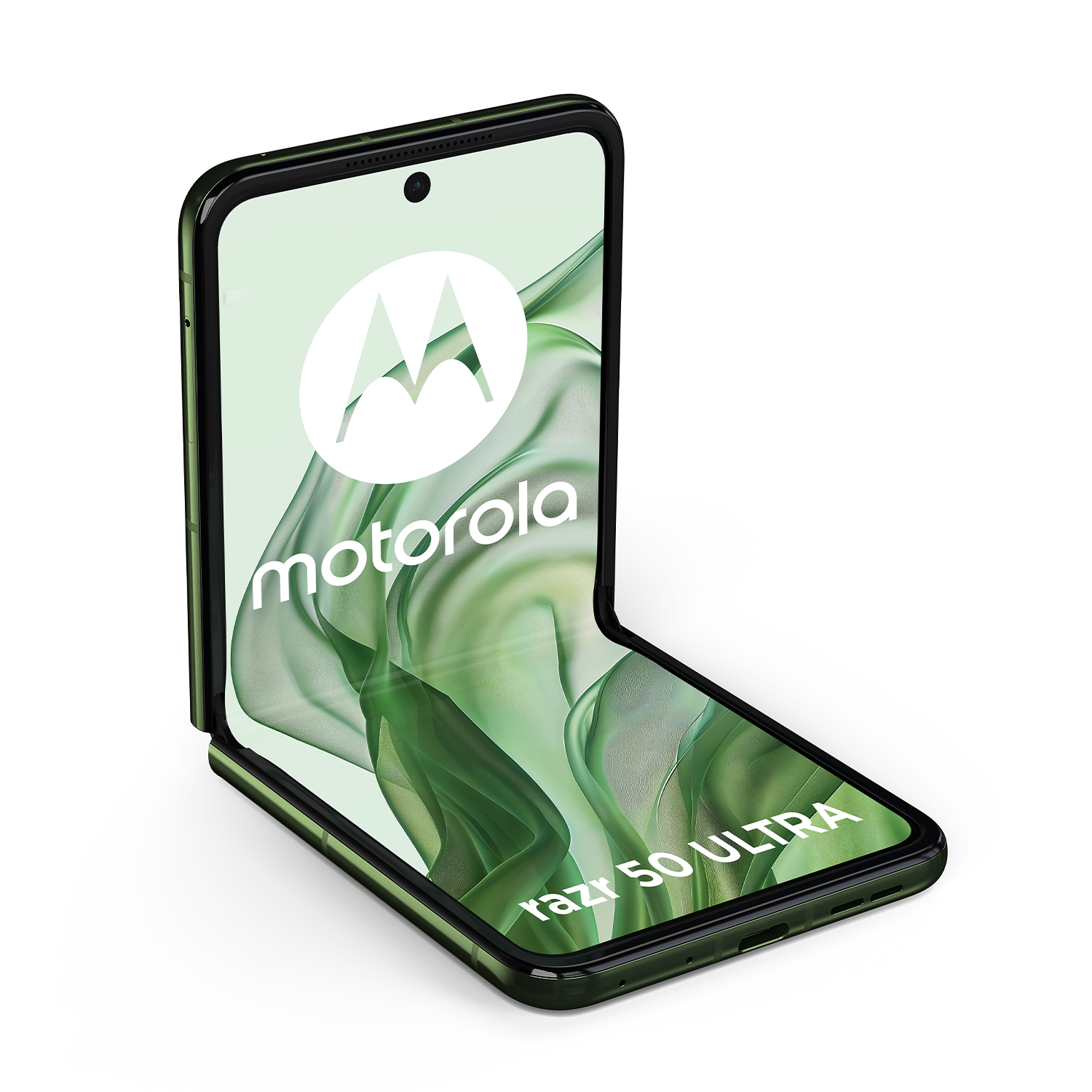 Telefono Motorola Razr 50 Ultra in posizione piegata. Design verde e bianco.