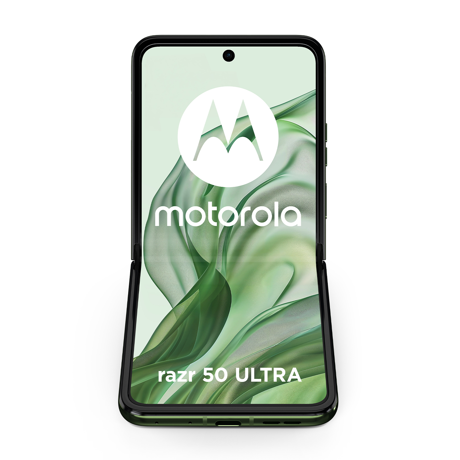 Uno smartphone Motorola Razr 50 Ultra aperto, con sfondo sfumato verde.