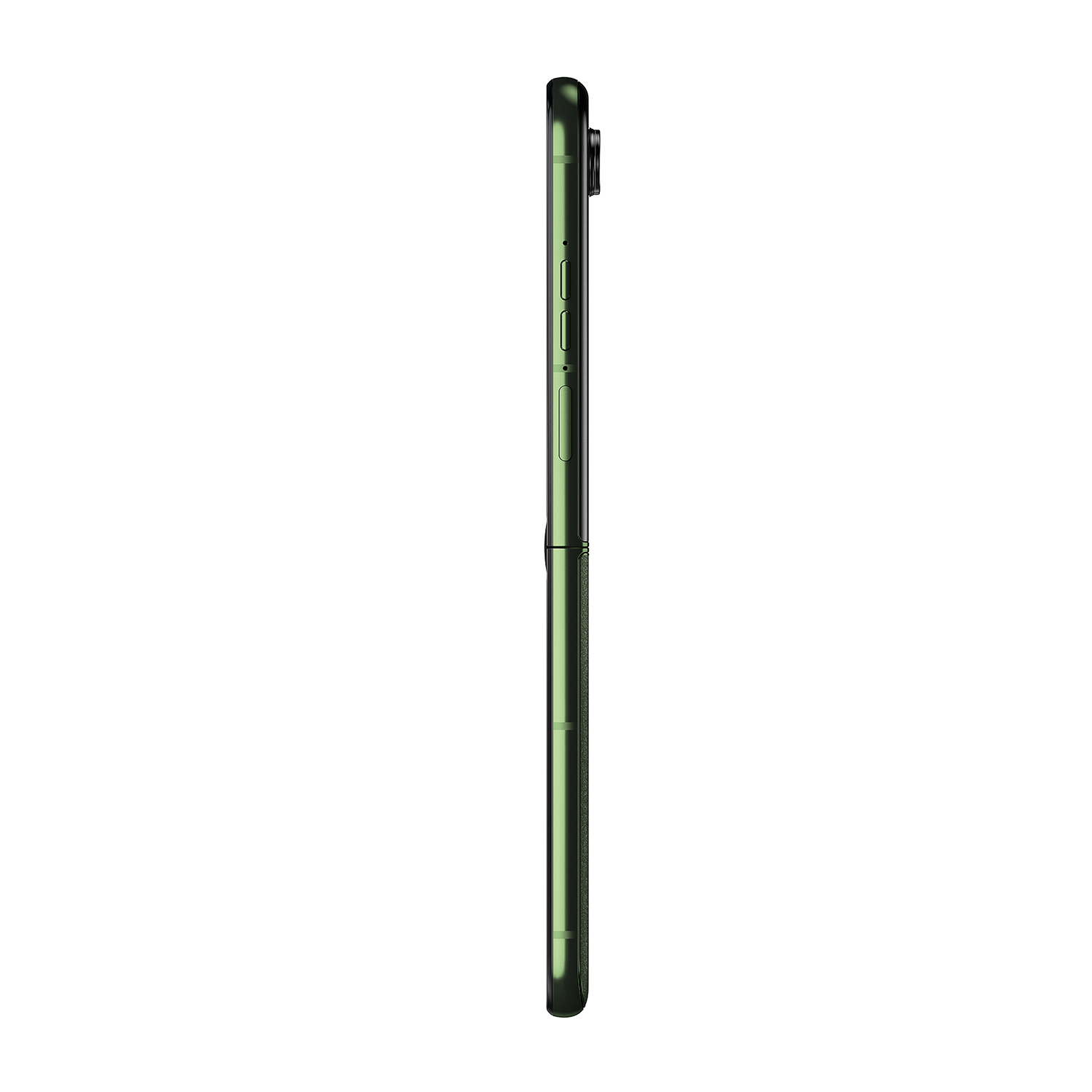 Vista laterale di uno smartphone verde piegato. Il telefono è su sfondo bianco.
