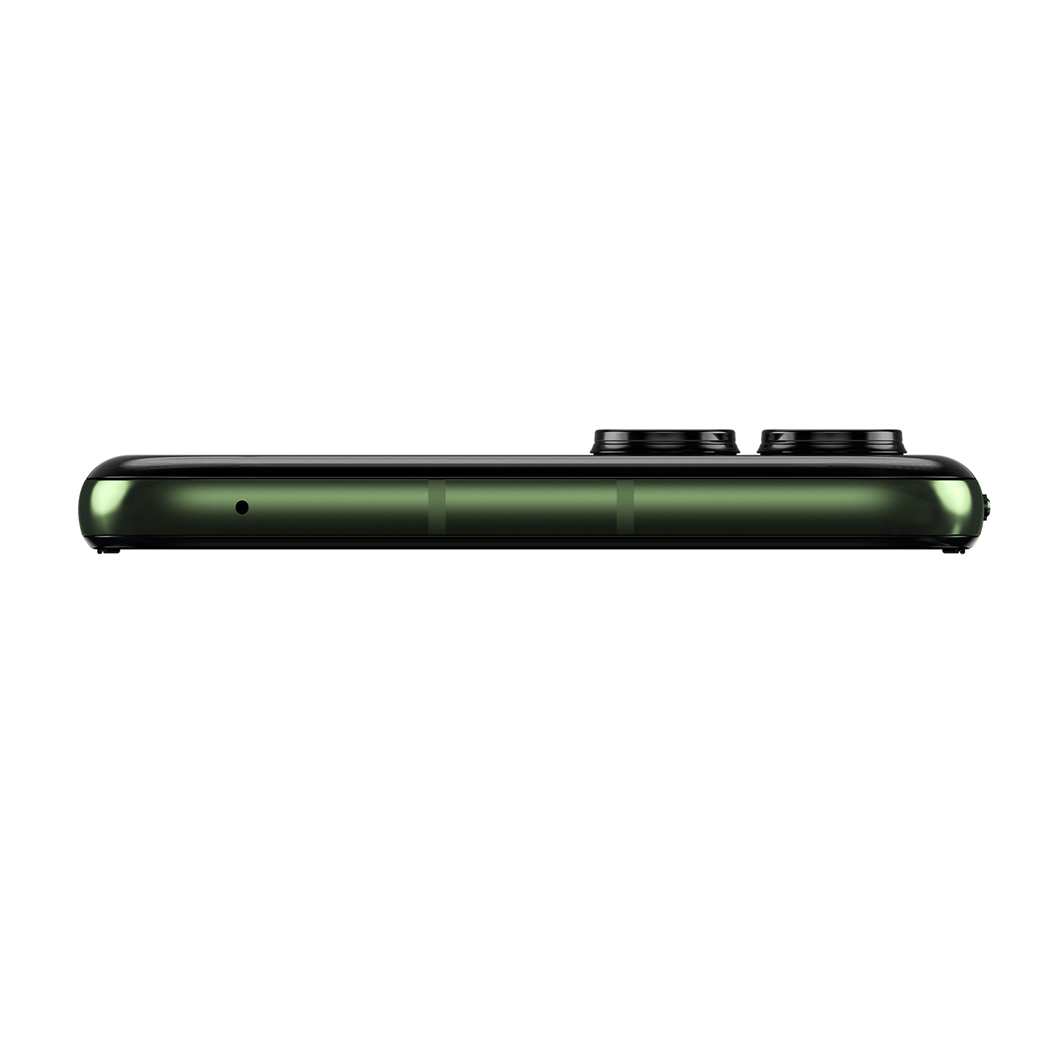 Smartphone verde, vista laterale, con obiettivi della fotocamera e dettagli dei pulsanti visibili.