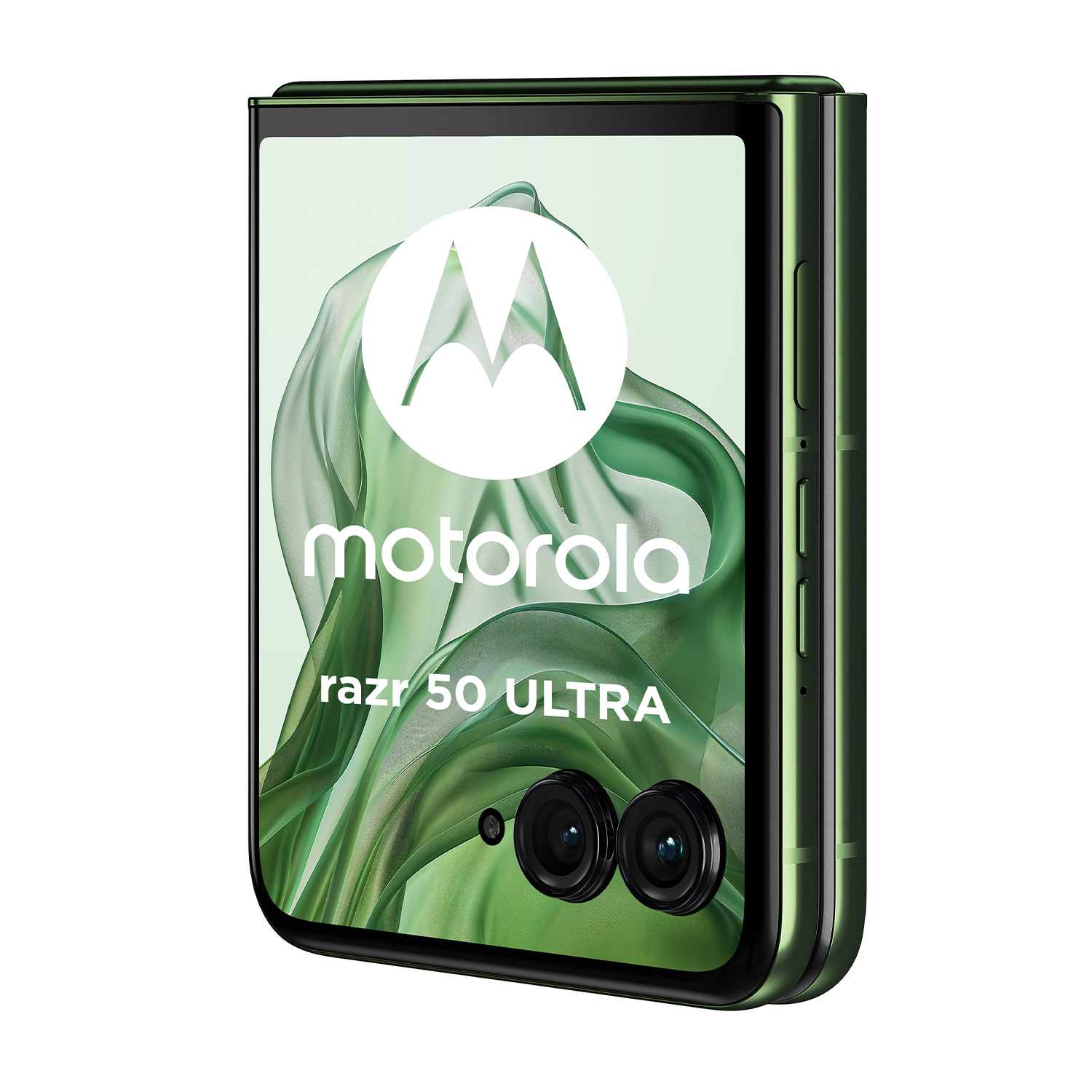 Un telefono pieghevole verde. Il testo Motorola Razr 50 Ultra è sullo schermo.