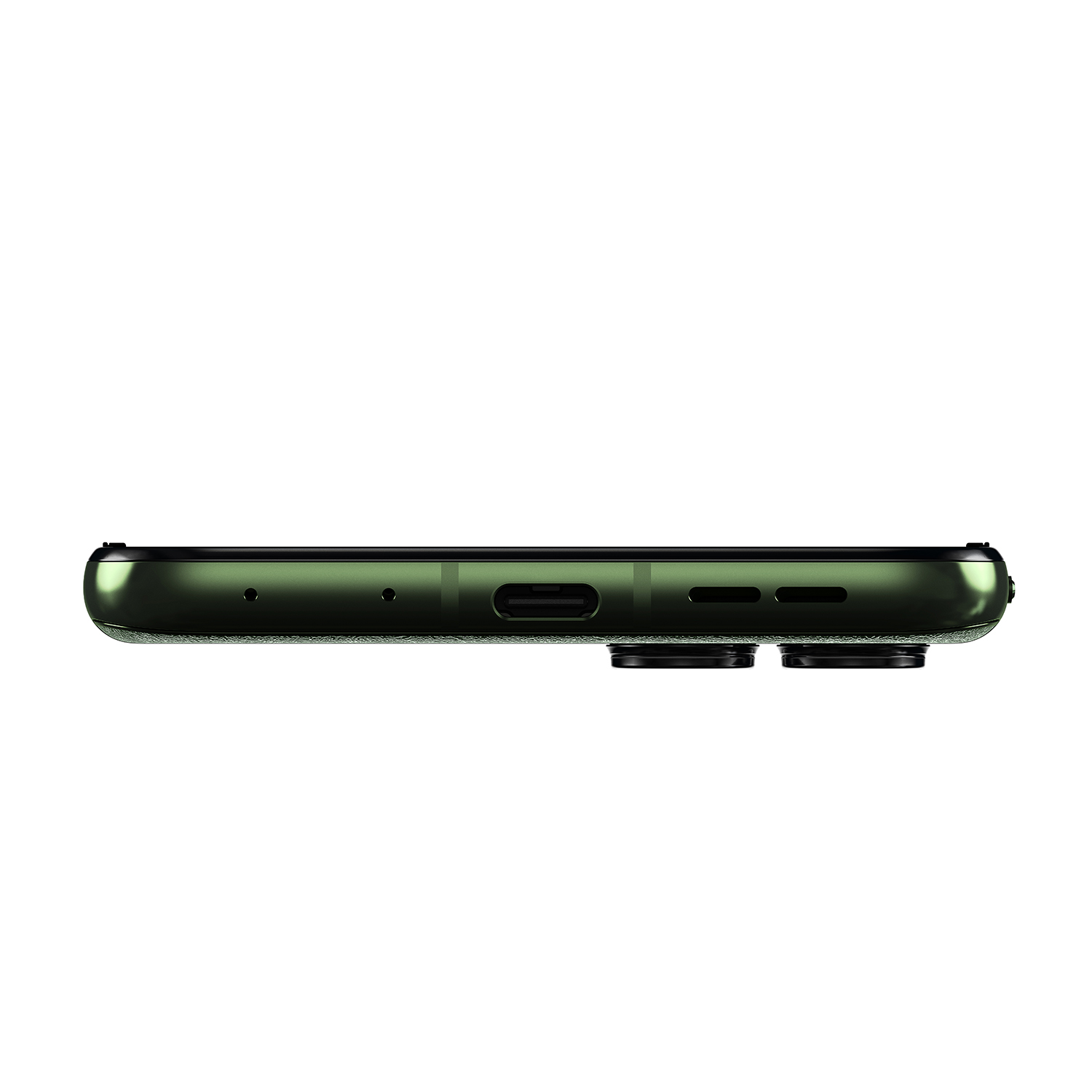 Vista laterale di un telefono verde, che mostra la parte inferiore con porta USB-C, altoparlanti e pulsanti laterali.