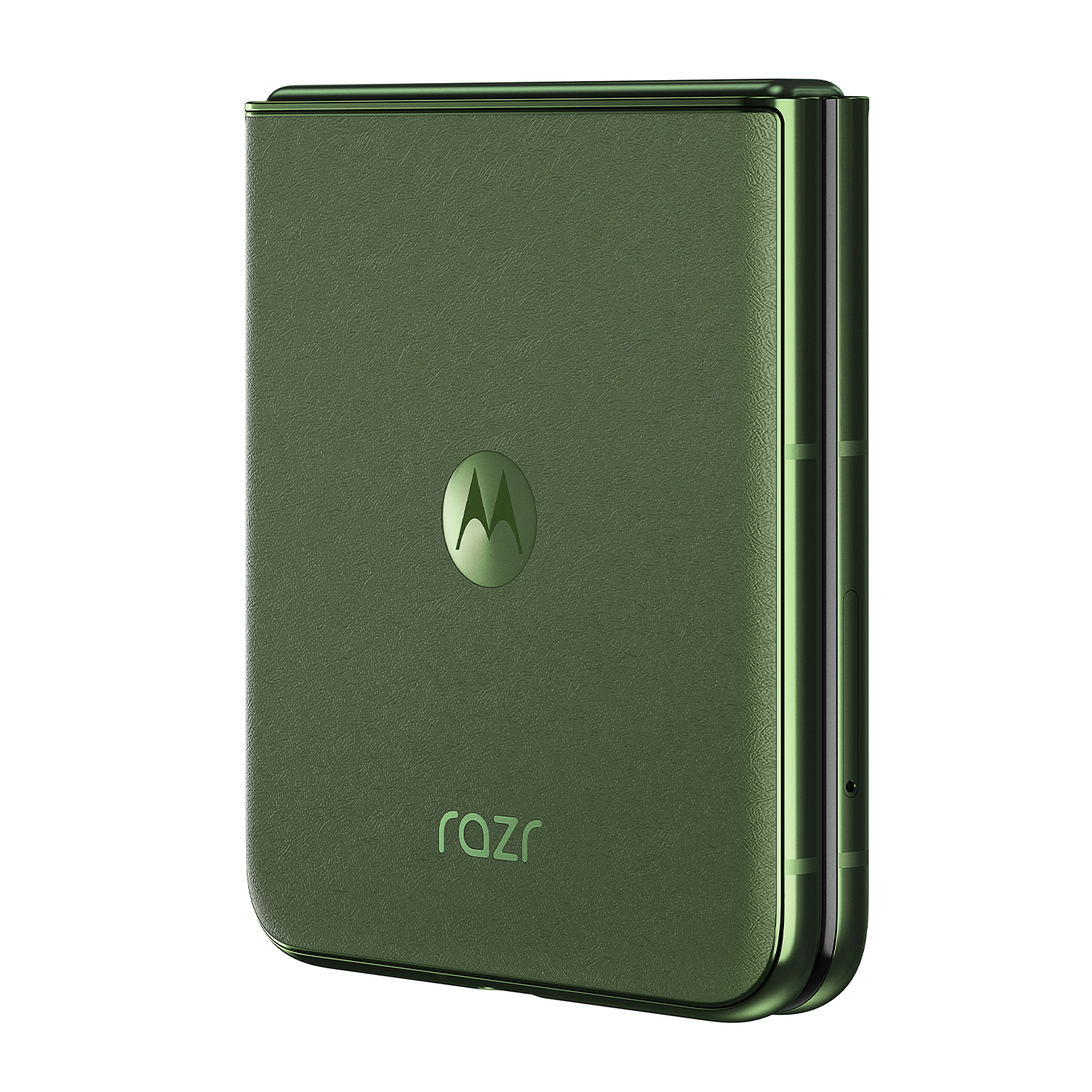 Viene mostrato un telefono Motorola Razr verde chiuso con il logo Razr.