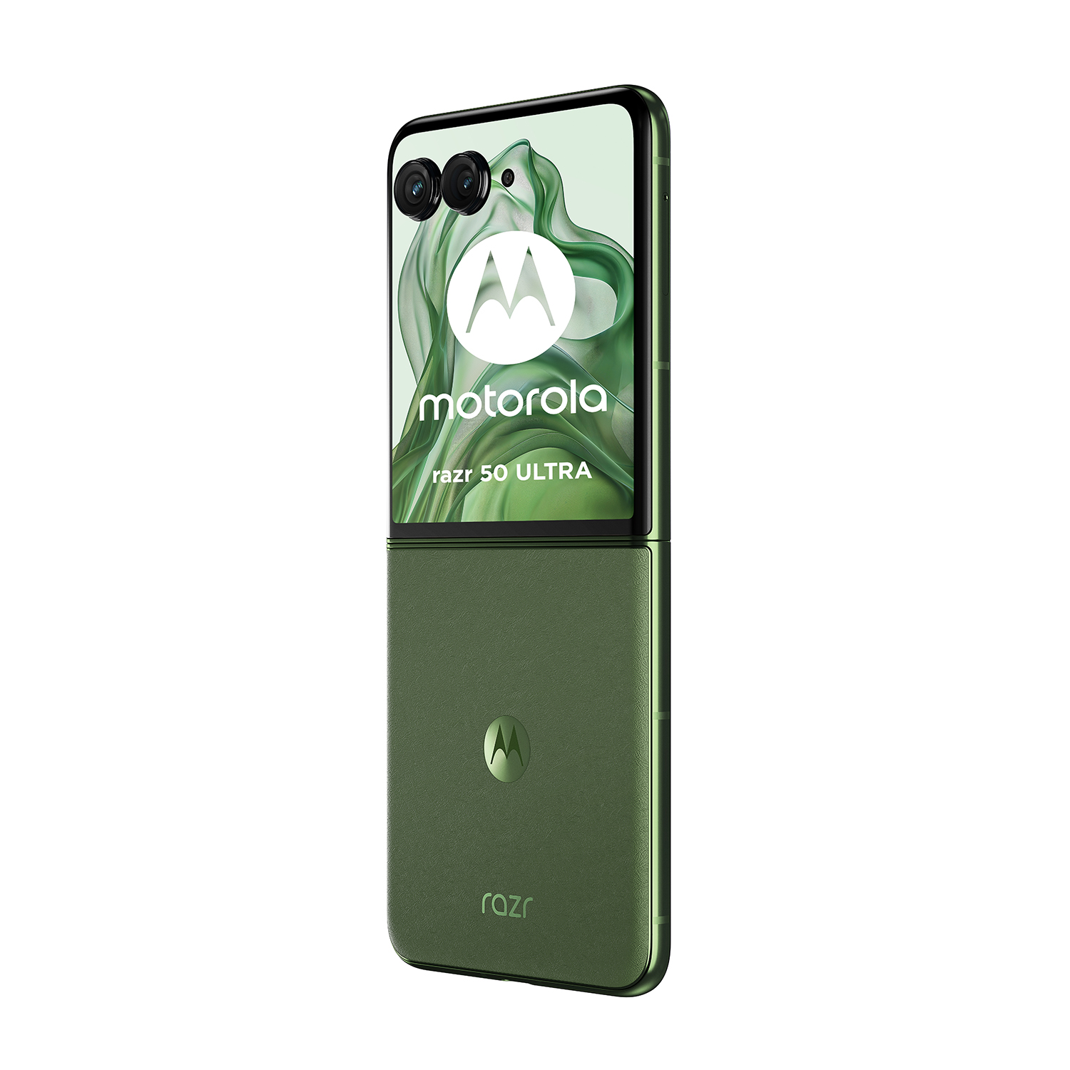 Smartphone Motorola Razr 50 Ultra pieghevole verde, vista posteriore.