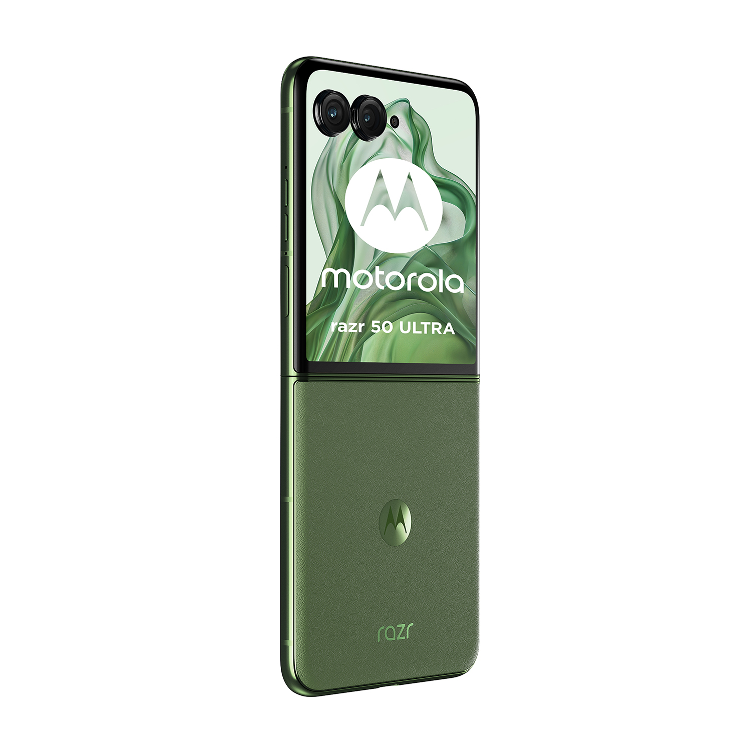 Telefono pieghevole verde Motorola Razr 50 Ultra, parzialmente aperto, su sfondo bianco.
