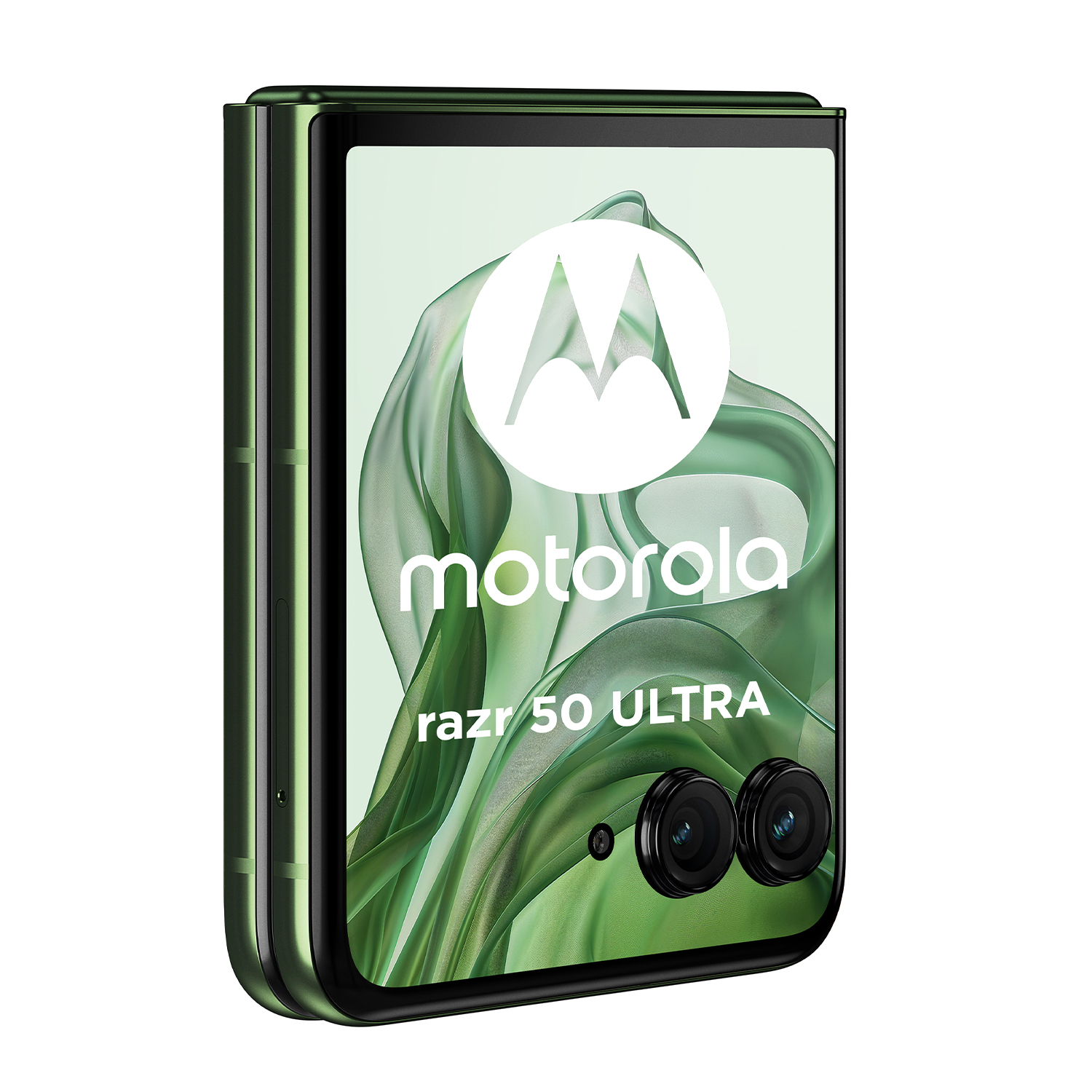 Telefono Motorola Razr 50 Ultra verde. Chiuso. Due fotocamere frontali.