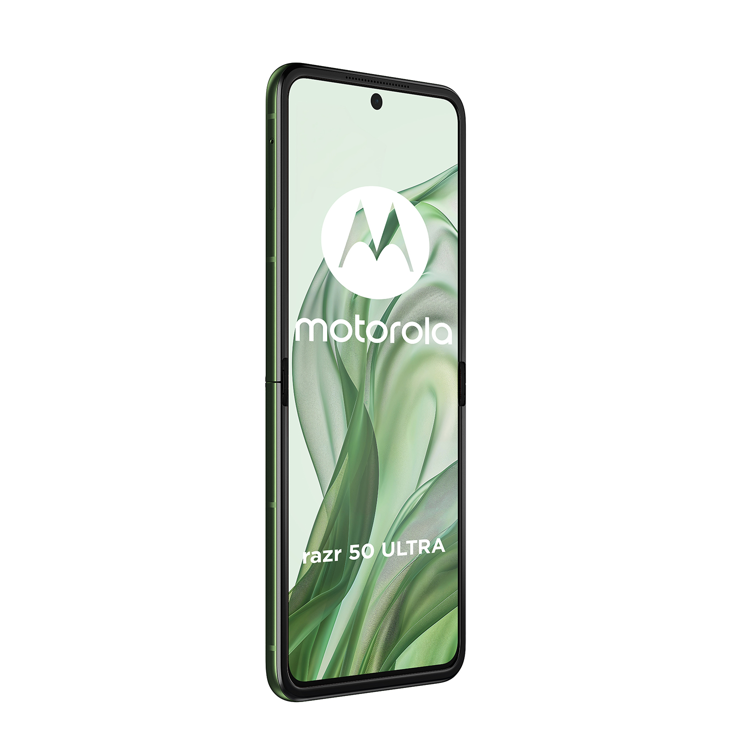 Un telefono verde Motorola Razr 50 Ultra piegato. Lo schermo è acceso, mostra un design.