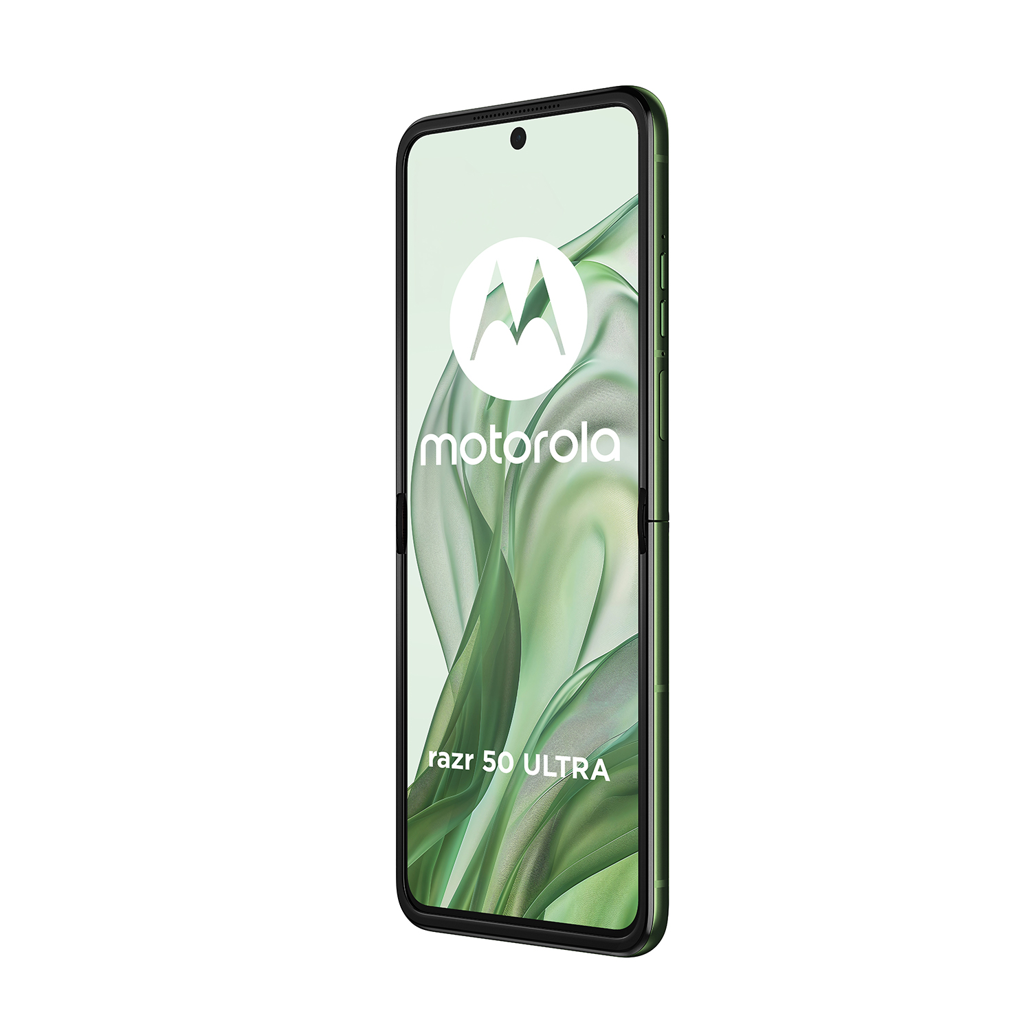 Telefono Motorola Razr 50 Ultra, cornice verde, schermo bianco e verde.
