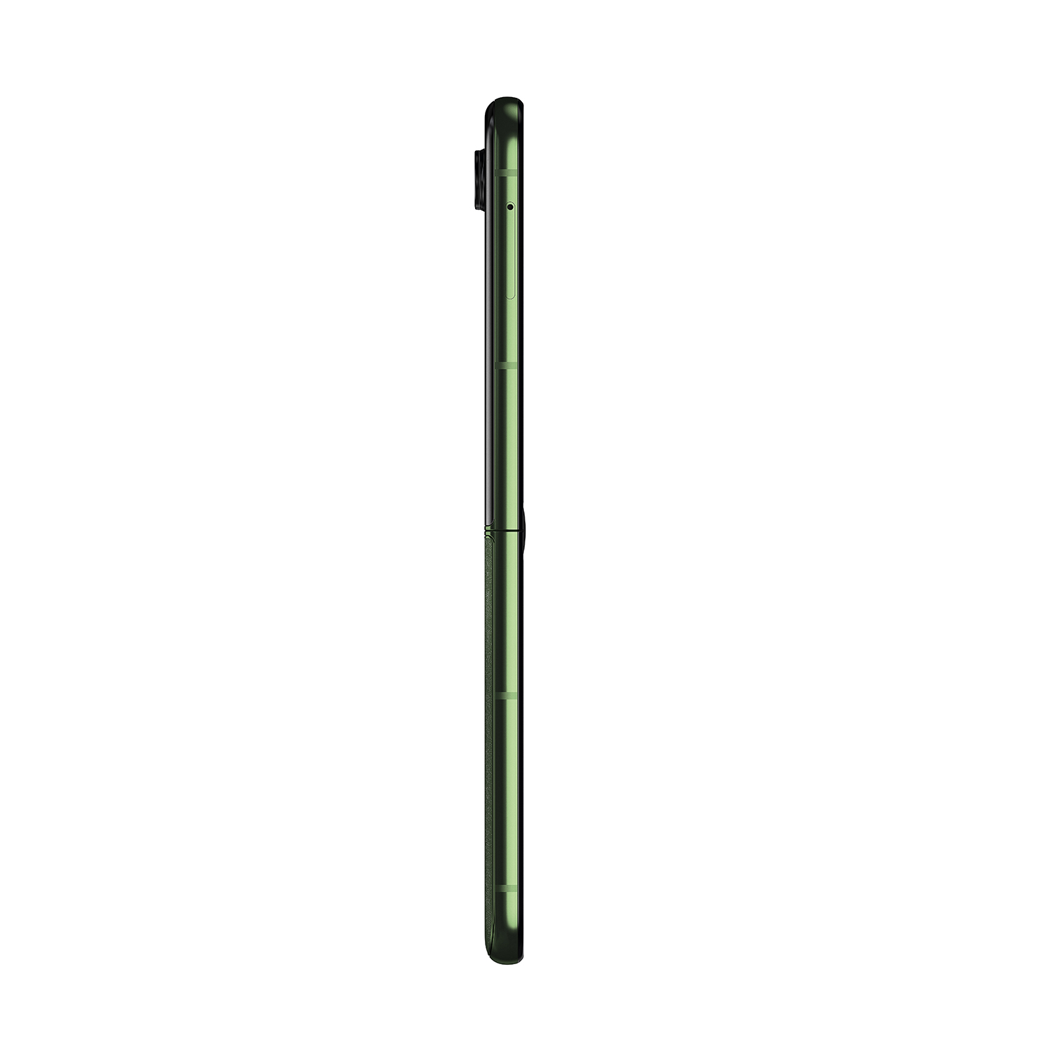 Vista laterale di uno smartphone verde, che mostra un design elegante e sottile con finitura verde metallizzato.