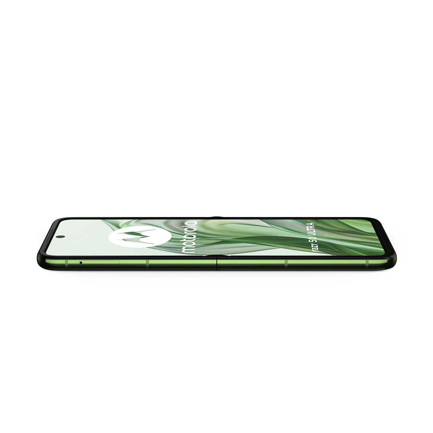 Un telefono Motorola Razr 50 Ultra, visto di lato, mostra uno schermo verde e bianco.