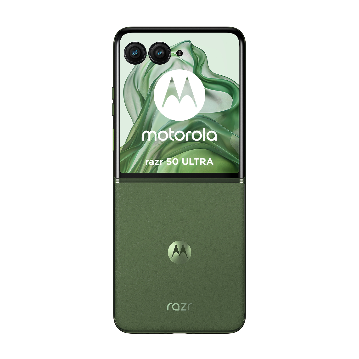 Telefono Motorola Razr 50 Ultra verde, piegato, su sfondo bianco.