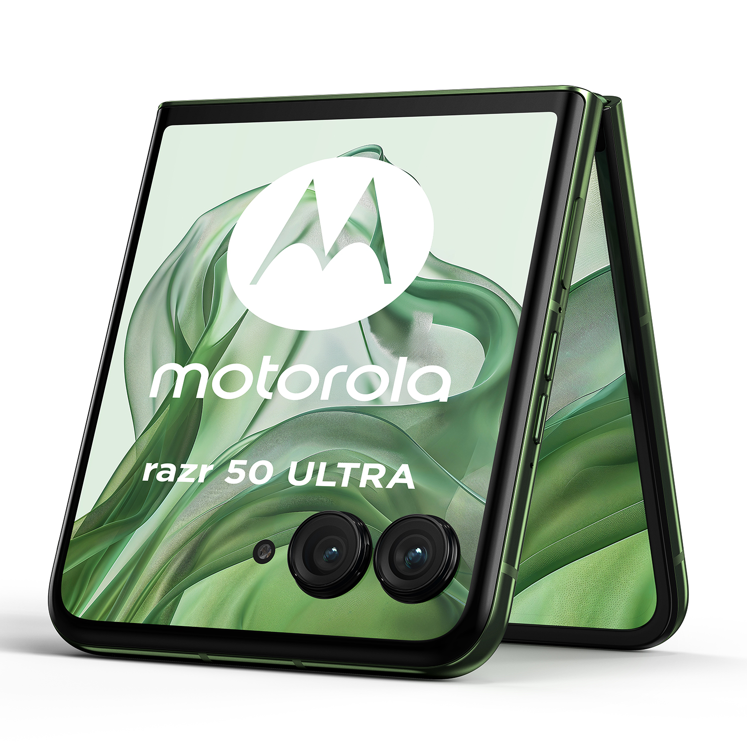 Telefono Motorola verde pieghevole con doppia fotocamera. Sfondo bianco.