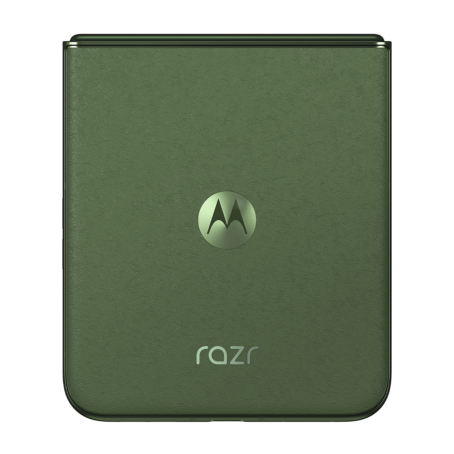 Un telefono Motorola Razr chiuso, verde oliva, che mostra il retro con il logo Razr e l'anello della fotocamera.