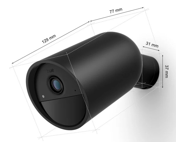 Czarna cylindryczna kamera bezpieczeństwa z wymiarami na białym tle.