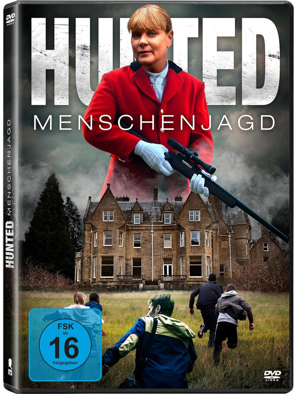 DVD-Cover von 'Hunted: Menschenjagd' mit einer Frau, die eine Waffe vor einem Haus hält.