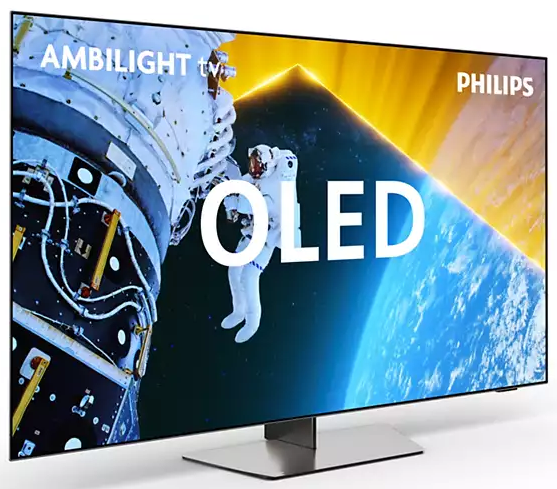 Duży telewizor Philips OLED z Ambilight, pokazujący scenę kosmiczną. Astronauta w kosmosie. Widoczna Ziemia.
