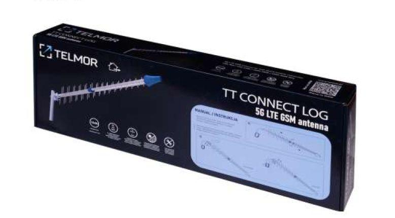 Czarne pudełko ze schematem anteny. Tekst: Antena TT CONNECT LOG 5G LTE GSM. Logo Telmor.