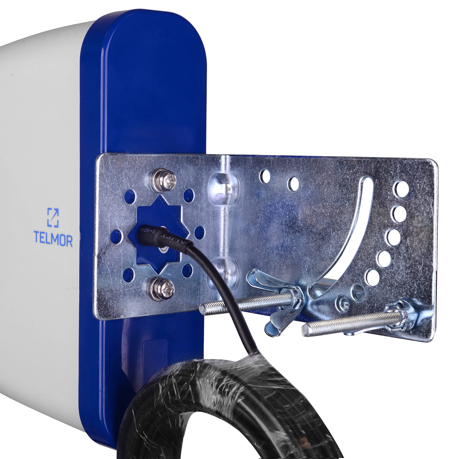 Biało-niebieska antena z uchwytem montażowym, podłączony kabel, zbliżenie.