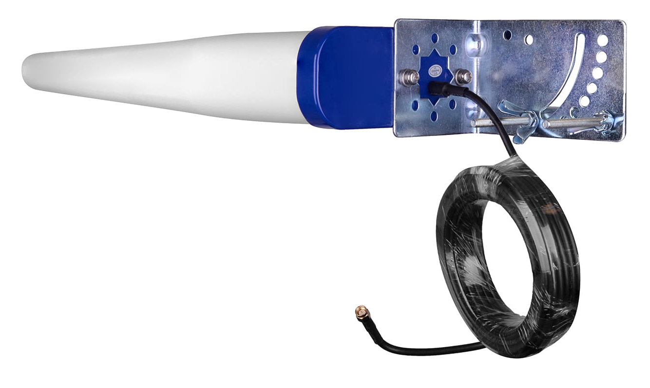 Biała i niebieska antena z czarnym kablem na białym tle.