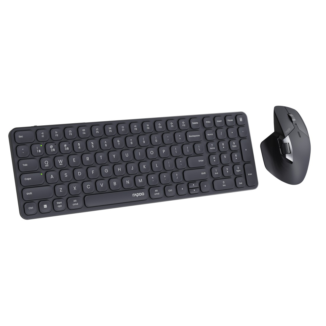 Weißer Hintergrund mit einer Kombination aus schwarzer Tastatur und Maus. Die Tastatur ist kompakt.