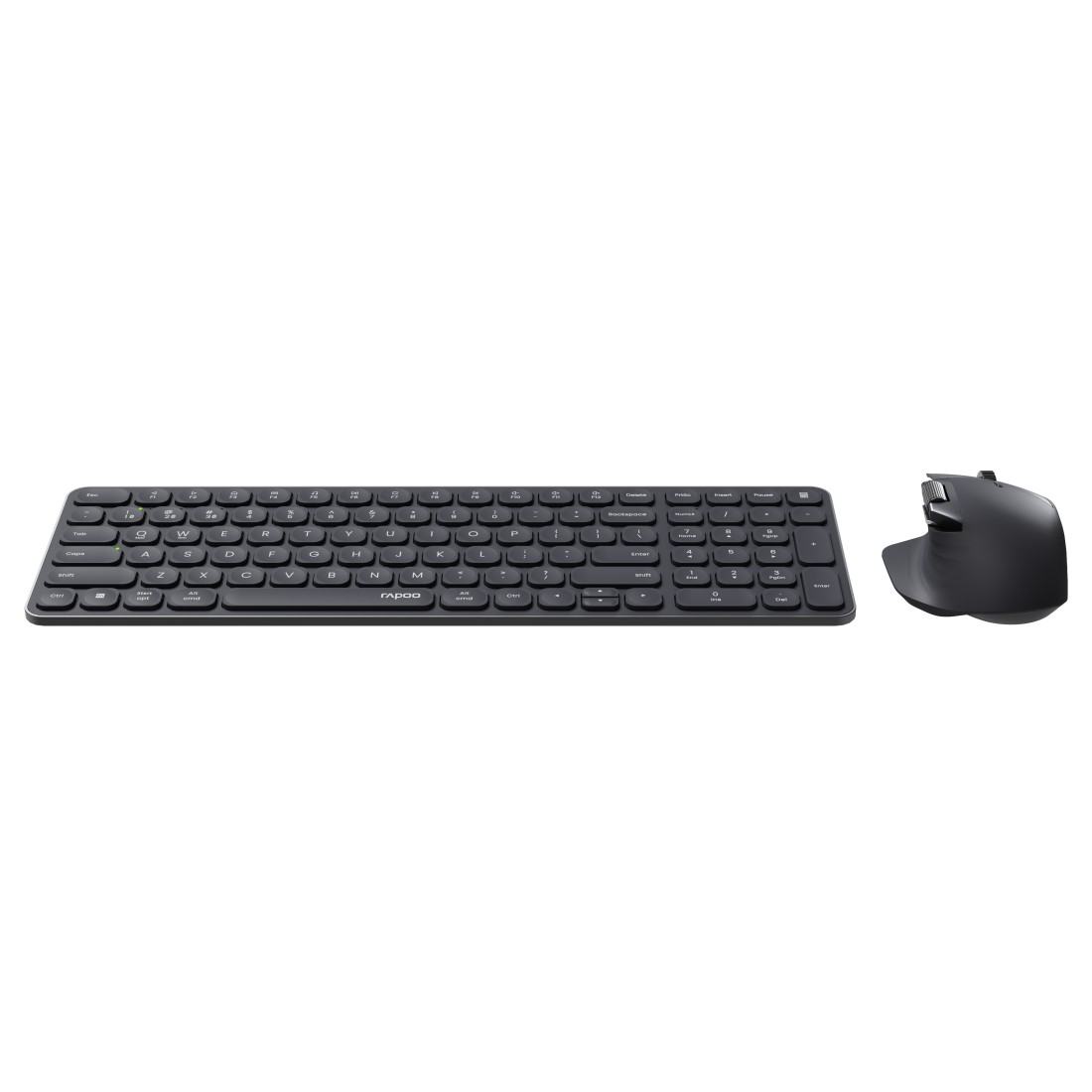 Schwarzes Tastatur- und Maus-Set auf weißem Hintergrund, Marke Rapoo.