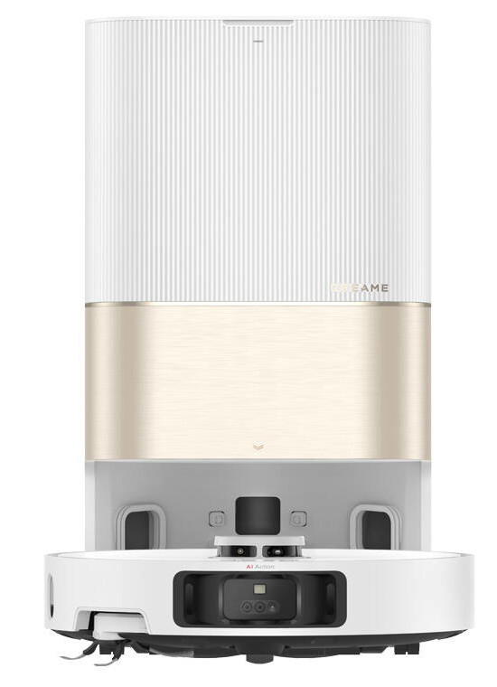 Biały i złoty odkurzacz automatyczny, stojący pionowo.