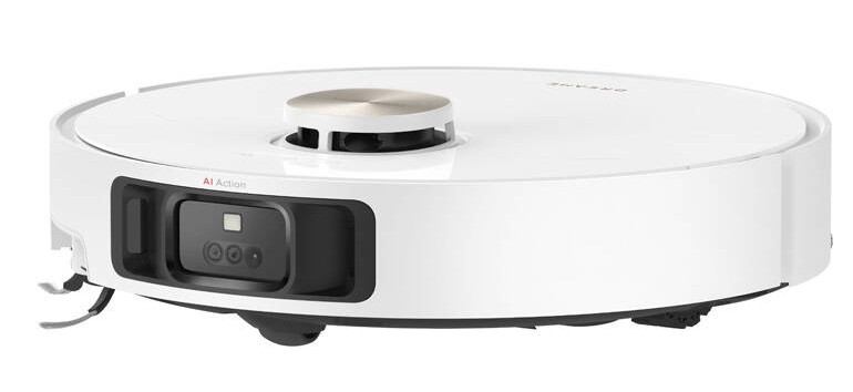 Biały odkurzacz automatyczny z czarnym modułem kamery i złotym przyciskiem centralnym.