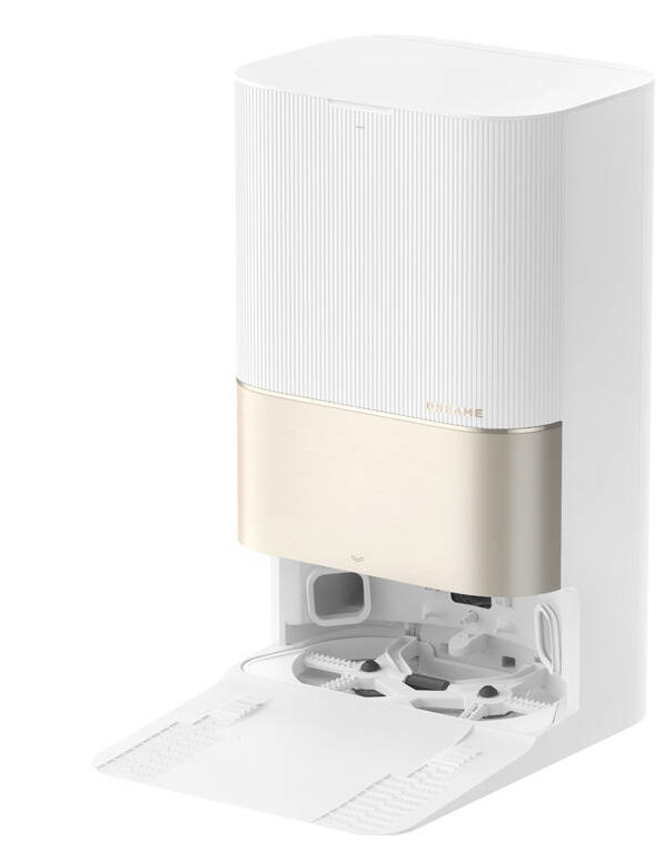 Biało-złoty robot sprzątający na stojaku, z otwartą bazą czyszczącą.