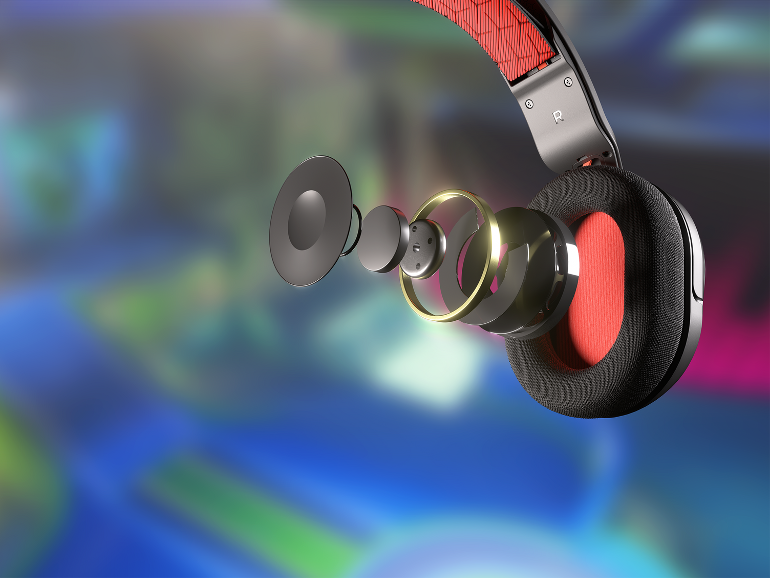 Widok rozłożony słuchawek, prezentujący komponenty i czerwone akcenty.