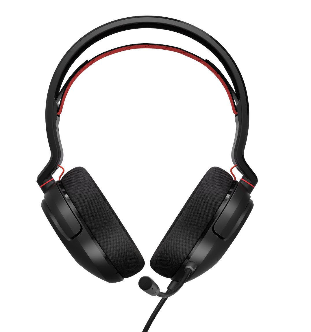 Czarny zestaw słuchawkowy z czerwonymi akcentami, widok z góry, na białym tle.