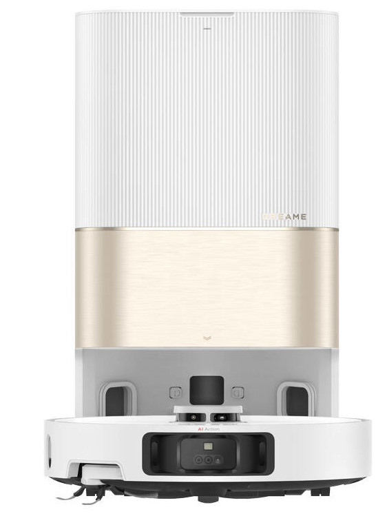 Widok z przodu robota odkurzającego i mopującego Dreame L10s Pro w kolorze białym i złotym.