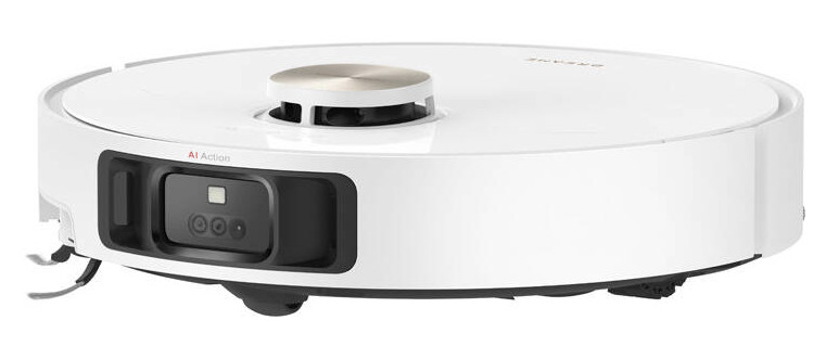 Biały robot sprzątający, okrągły kształt, z czarnym obszarem kamery z przodu.