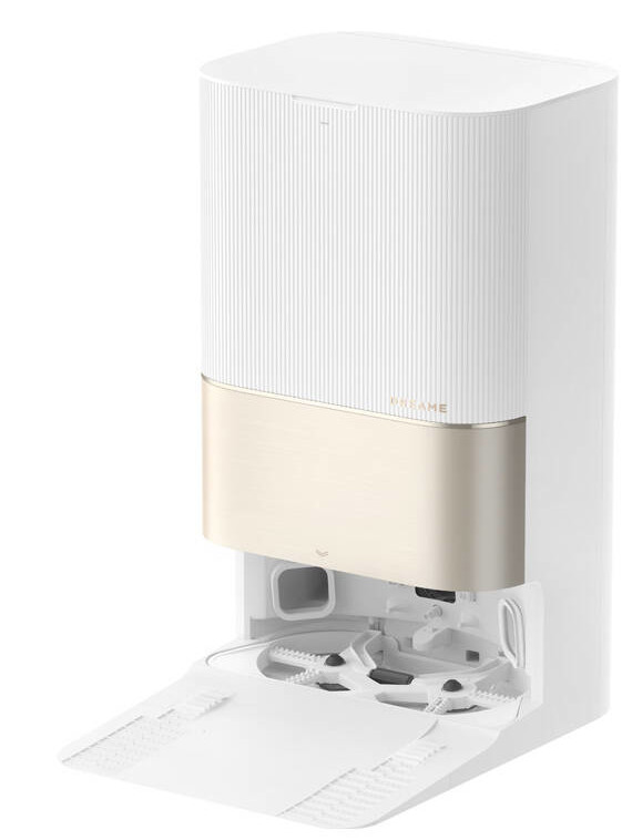 Biało-złoty automatyczny dozownik karmy dla zwierząt z otwartą dolną komorą.