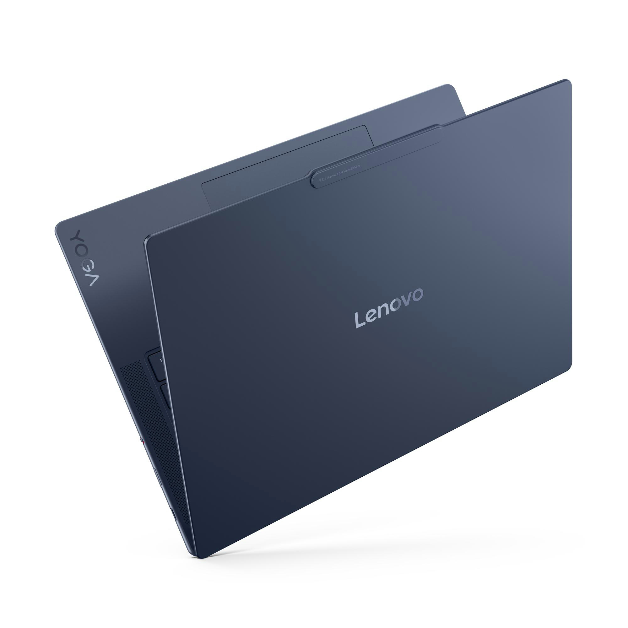 Blauer Lenovo Yoga Laptop, angewinkelt geöffnet. Lenovo-Logo oben, Yoga unten. Weißer Hintergrund.