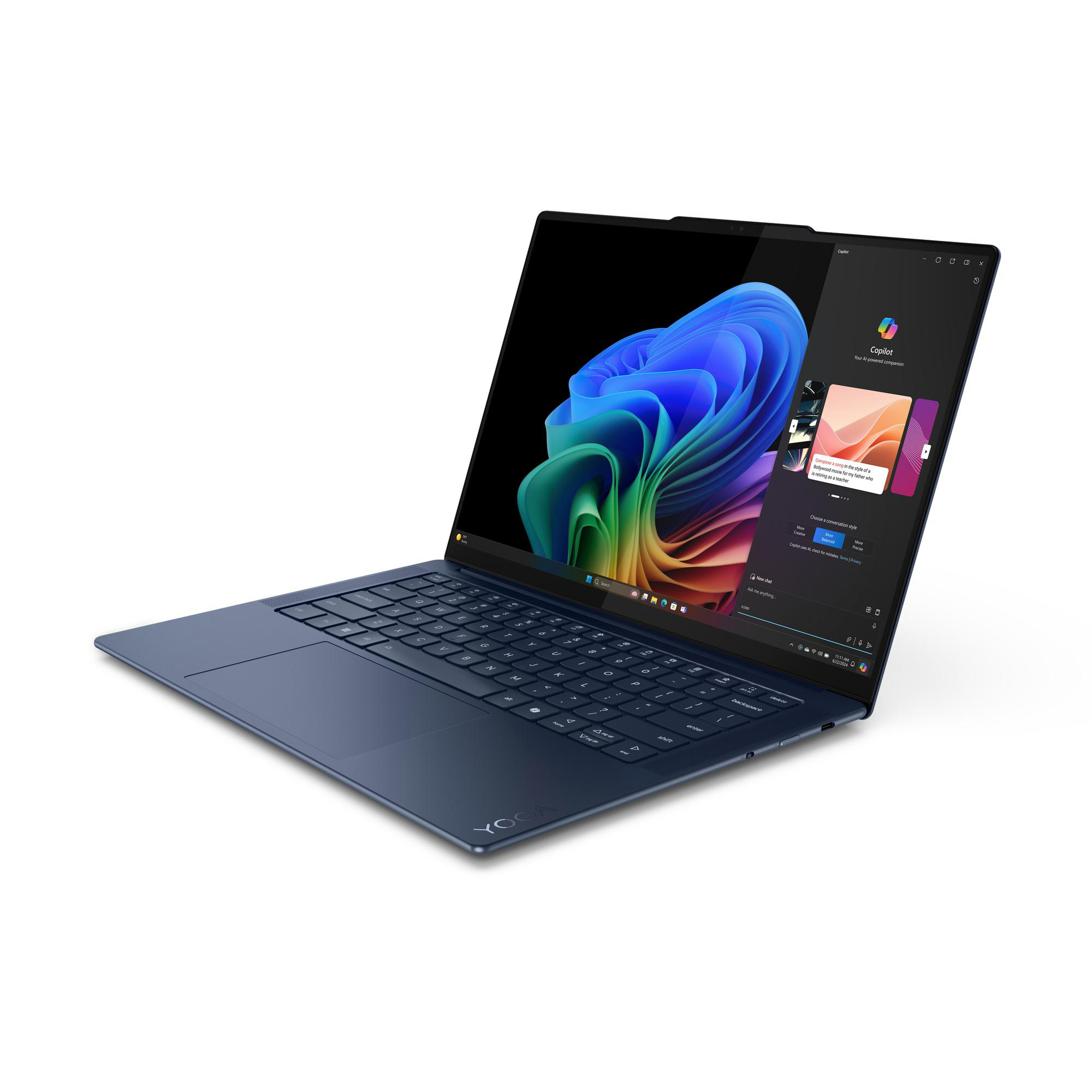 Blauer Laptop mit farbenfrohem Bildschirm, auf weißer Oberfläche. Ein Fenster mit geöffneter Anwendung ist sichtbar.