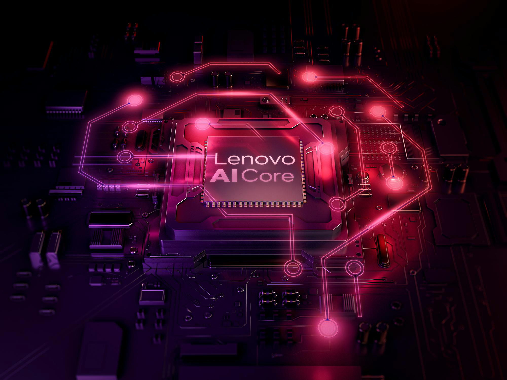 Nahaufnahme eines Computerchips mit dem Lenovo AI Core-Logo, umgeben von roten Lichtspuren.