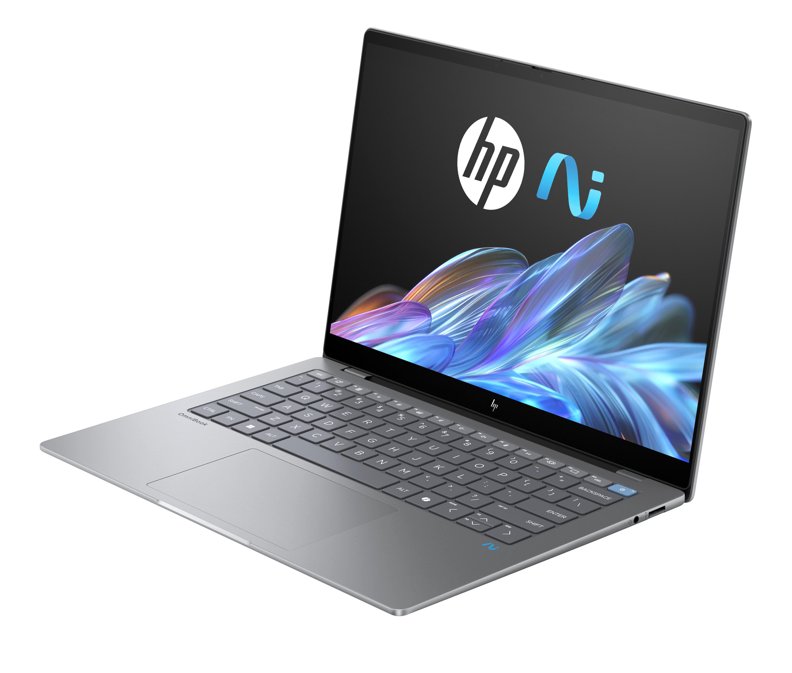 Ein silberner Laptop mit dem HP-Logo. Der Bildschirm zeigt eine abstrakte Grafik.