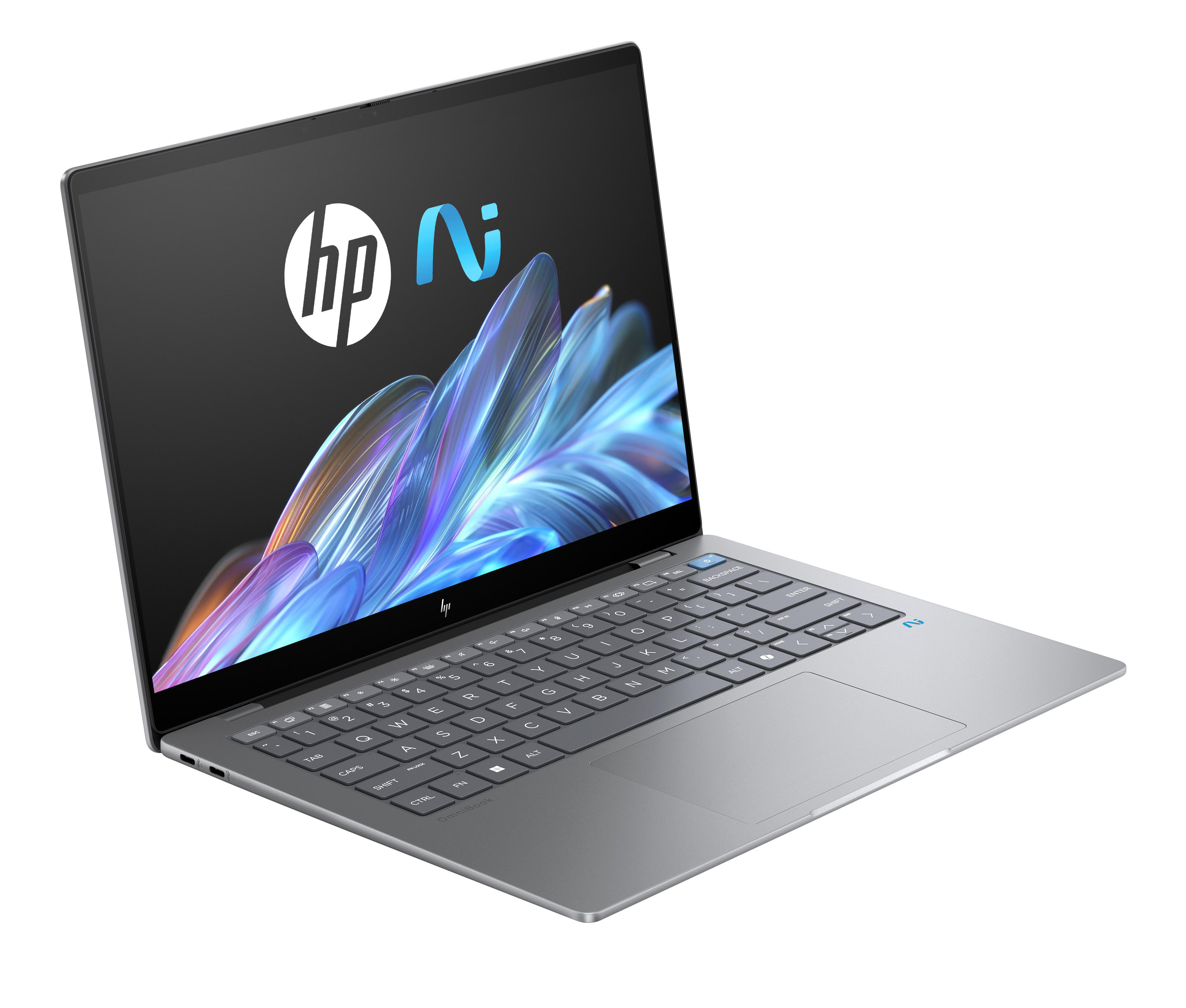 Silberner HP-Laptop mit Logo auf dem Bildschirm. Die Tastatur ist sichtbar.