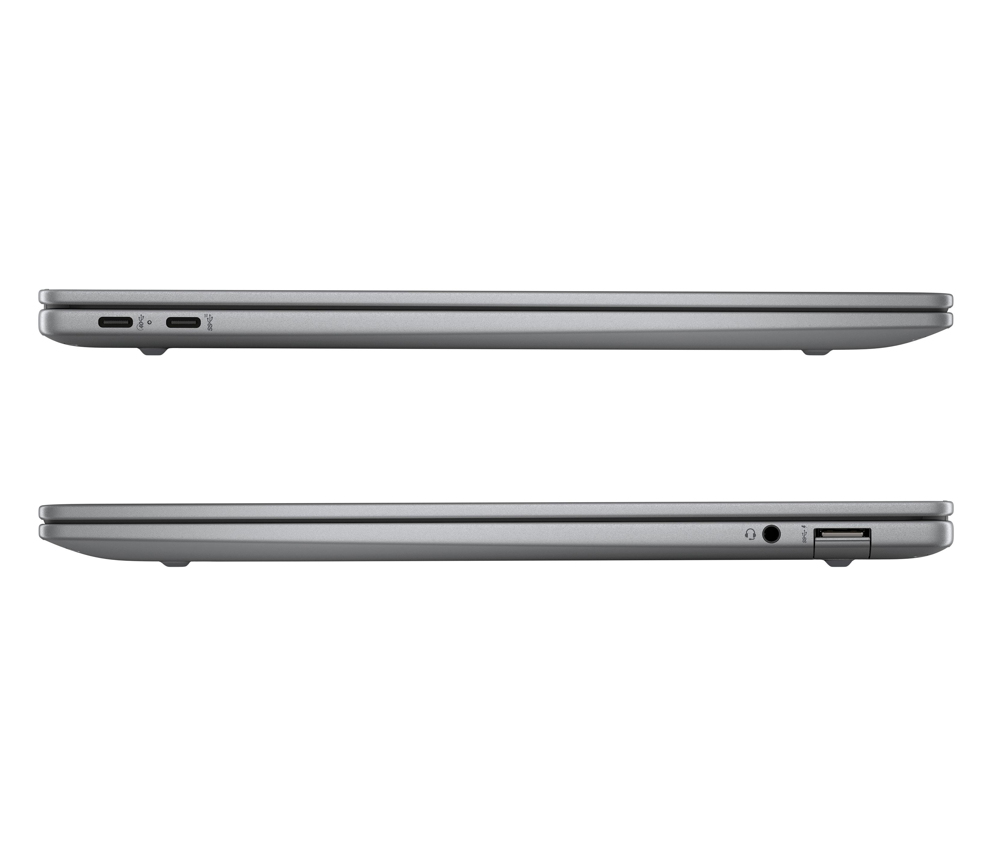 Seitenansicht von zwei grauen Laptops. Anschlüsse sind an der Seite sichtbar.