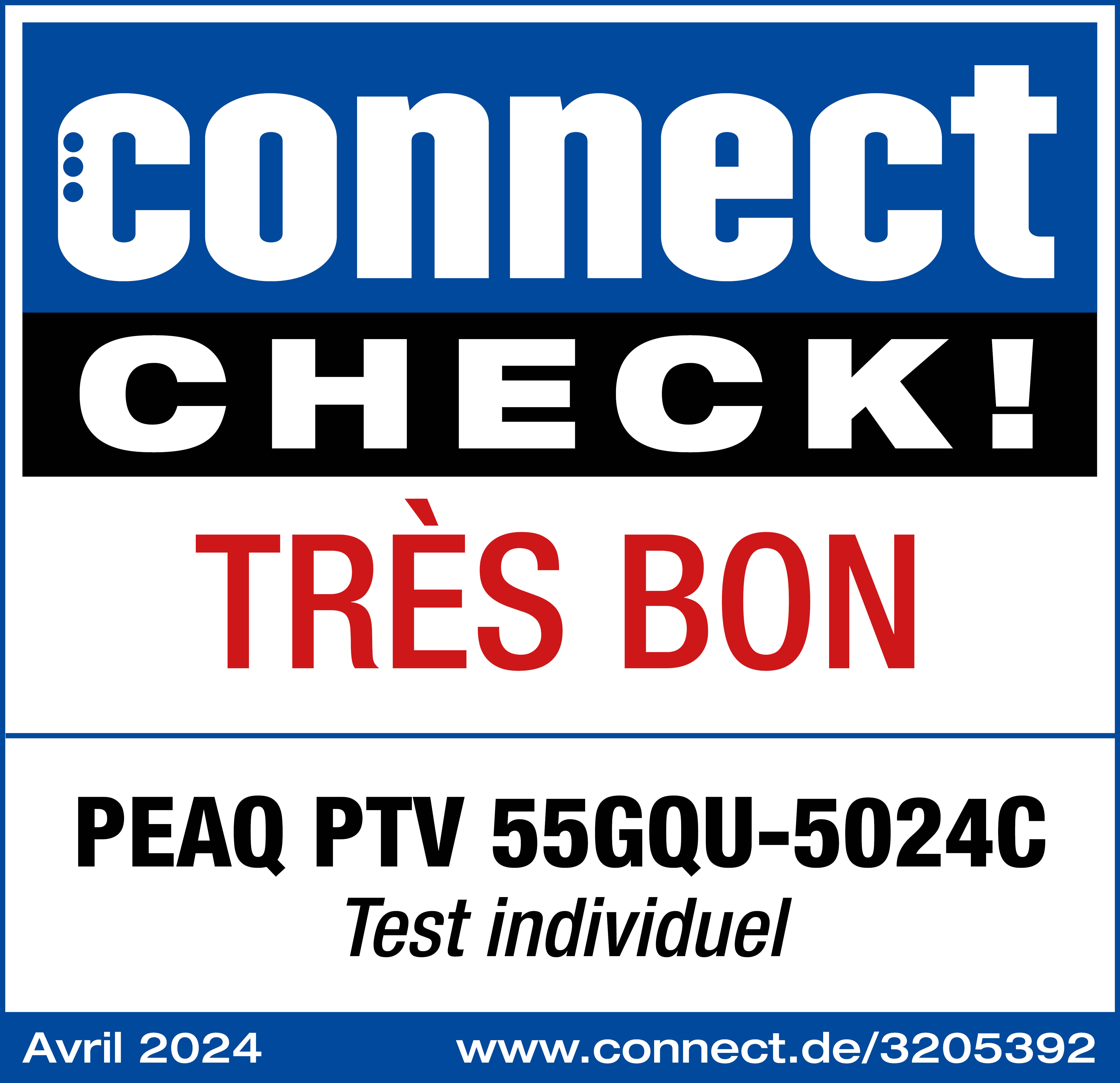 Connect Check! Sehr gut. PEAQ TV 55GQU-5024C, Test. Blau, weiß, rot. Weißer Hintergrund.
