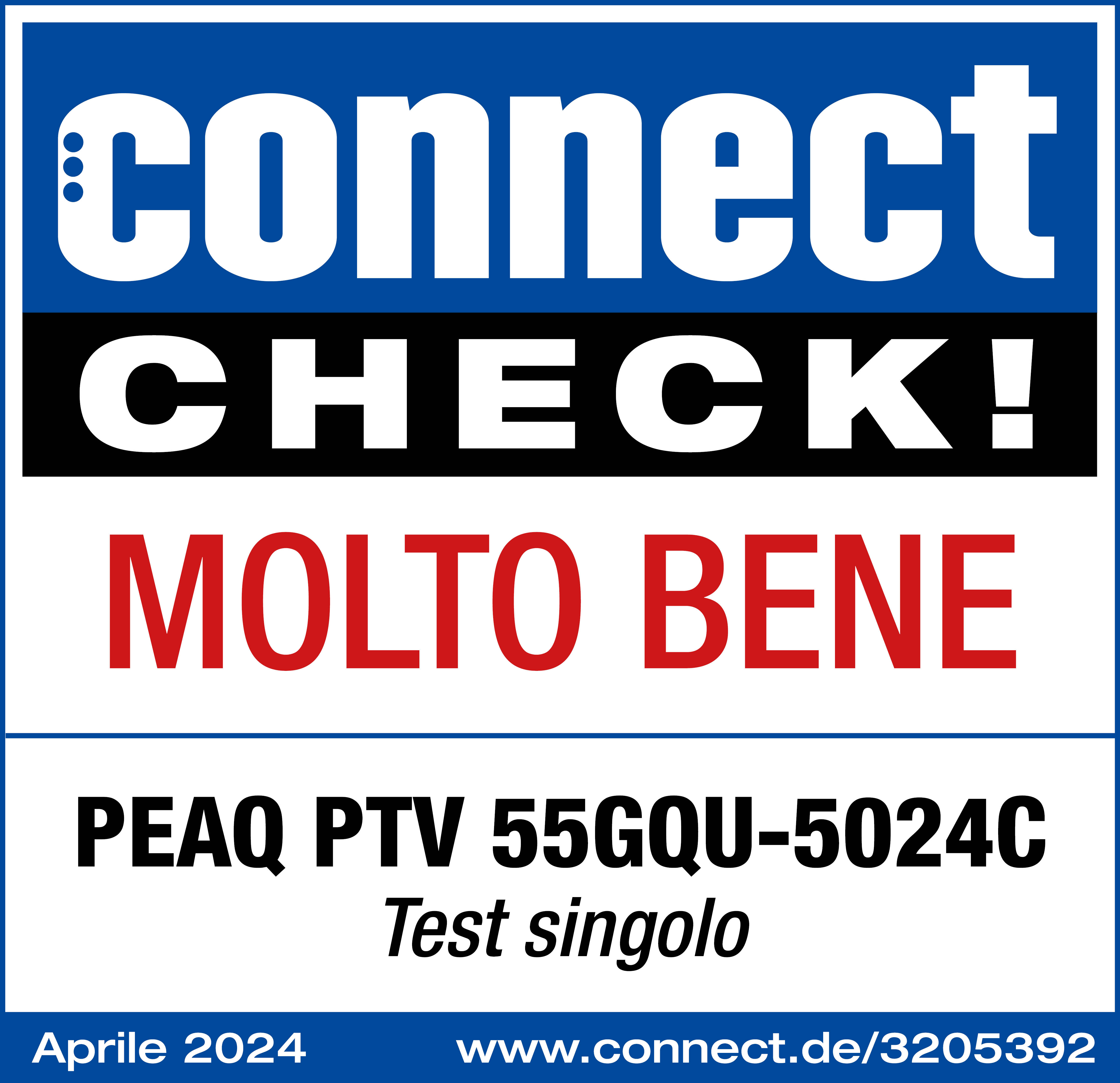 Ein blau-weißes Schild mit "CONNECT CHECK! MOLTO BENE" und Produktinformationen.