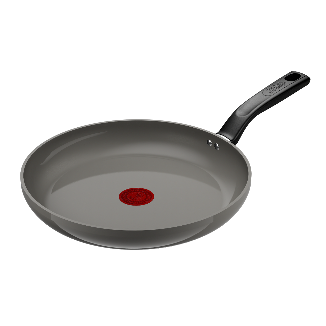 Graue Bratpfanne mit schwarzem Griff und rotem Punkt in der Mitte. Die Pfanne ist leer.